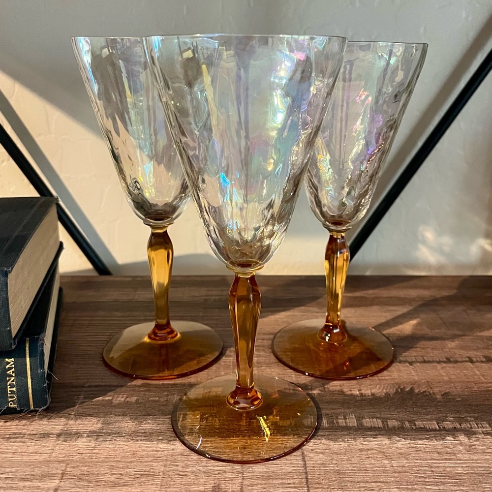 Set of 3 Fostoria Amber Optic Loop Amber Stem Wine Glass 7.5” produced 1926-1940